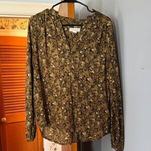 Treasure & Bond Olive Floral V-Neck Long-Sleeve Blouse
